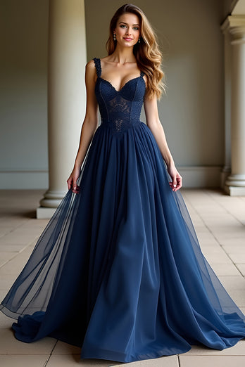 Navy Spaghetti Straps A Line Long Prom Dress