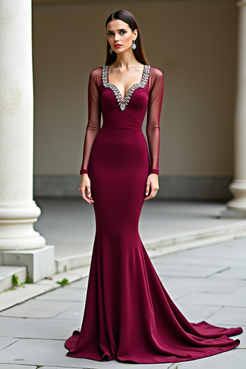 Burgundy Sparkly Mermaid Long Prom Dress with Beading