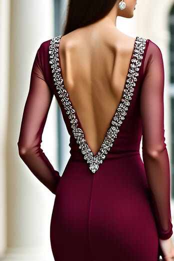 Burgundy Sparkly Mermaid Long Prom Dress with Beading