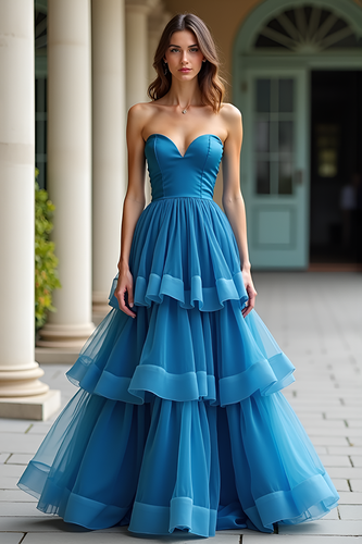 Tiered Blue Strapless A Line Long Prom Dress