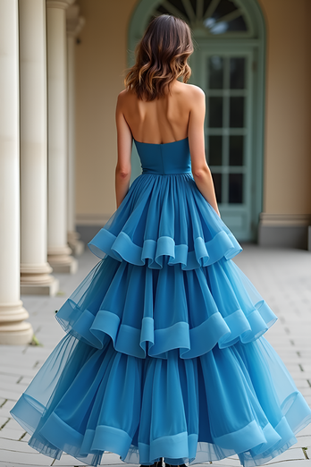 Tiered Blue Strapless A Line Long Prom Dress