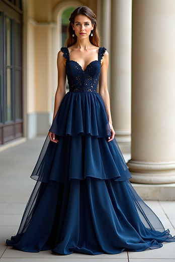 Lace Navy Tiered A Line Long Prom Dress with Appliques