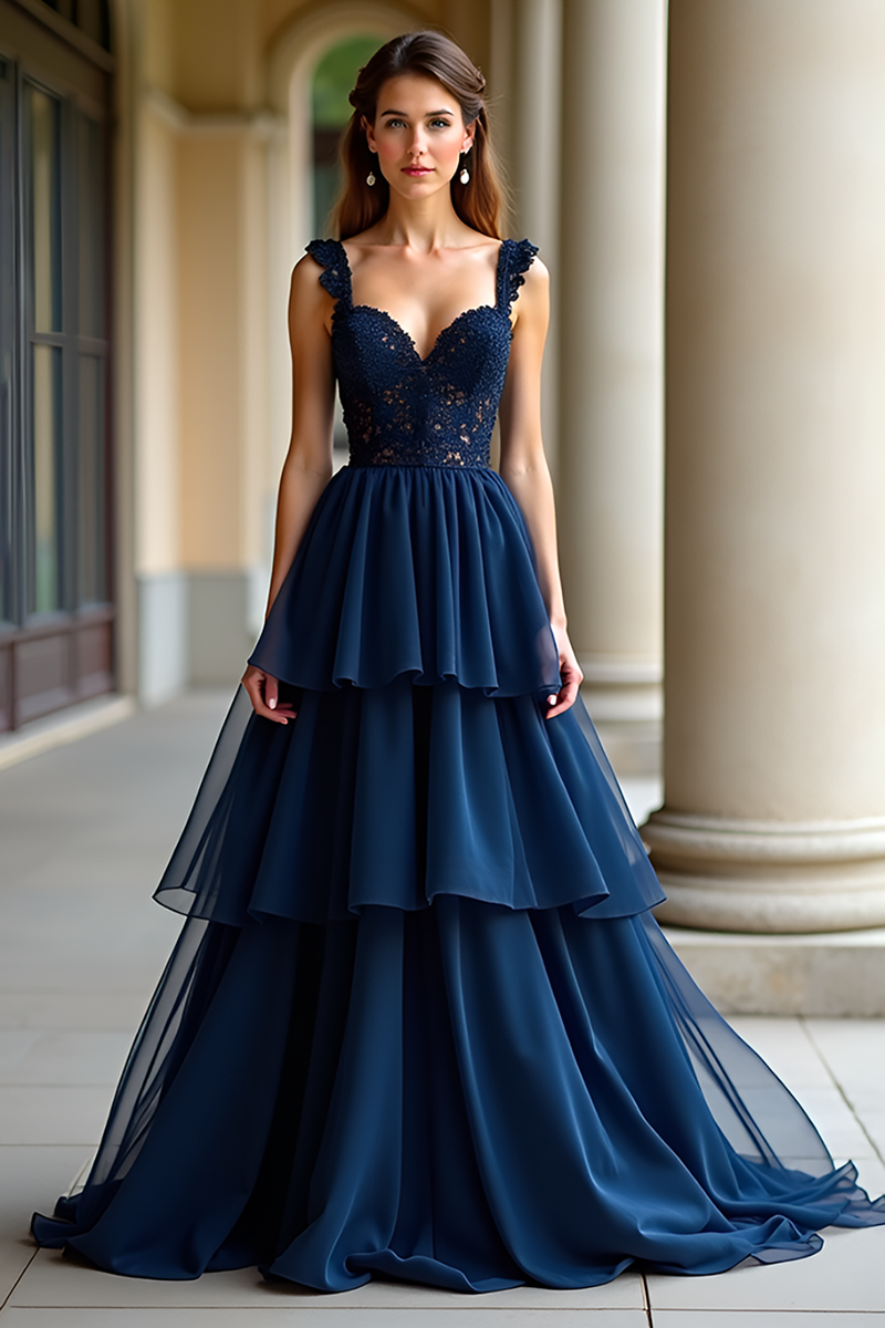 Load image into Gallery viewer, Lace Navy Tiered A Line Long Prom Dress with Appliques