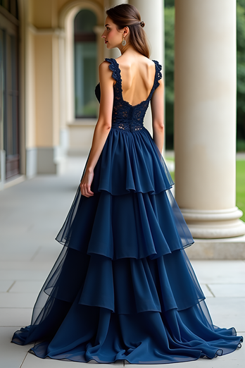 Lace Navy Tiered A Line Long Prom Dress with Appliques