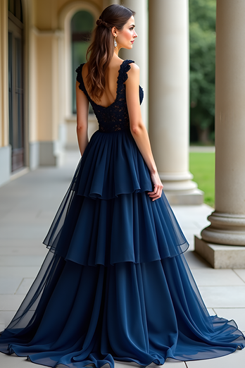 Lace Navy Tiered A Line Long Prom Dress with Appliques