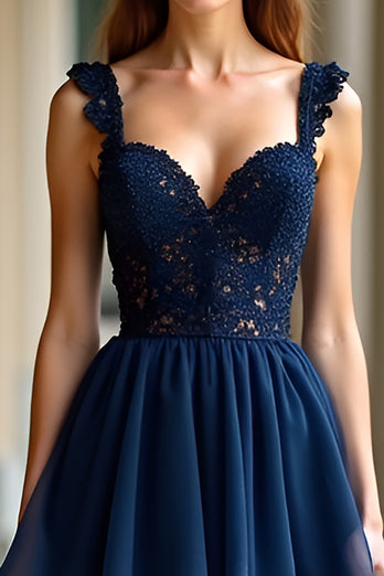 Lace Navy Tiered A Line Long Prom Dress with Appliques