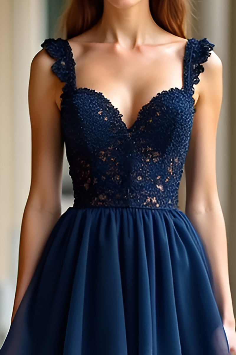 Load image into Gallery viewer, Lace Navy Tiered A Line Long Prom Dress with Appliques