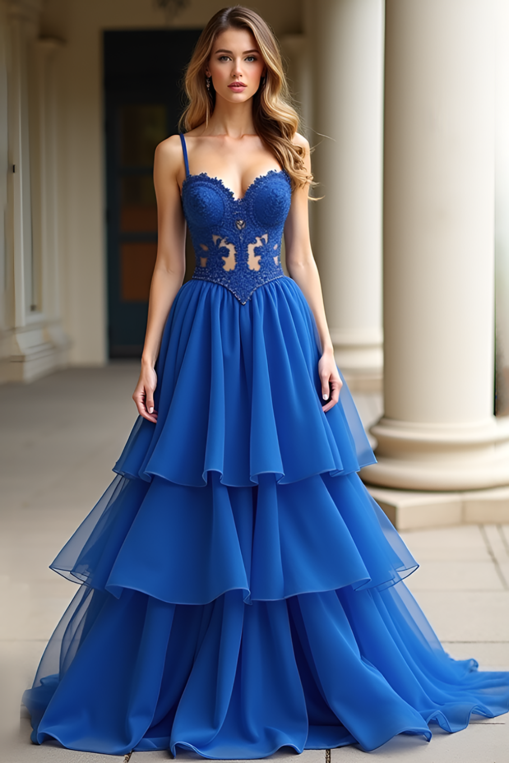 Tiered Royal Blue A Line Long Prom Dress with Ruffles