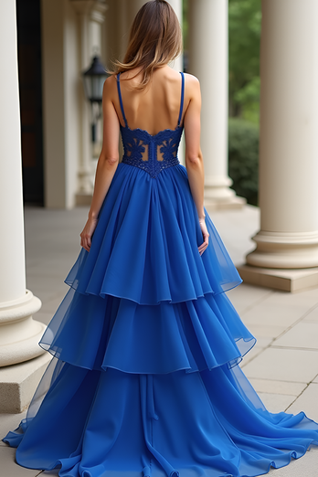 Tiered Royal Blue A Line Long Prom Dress with Ruffles