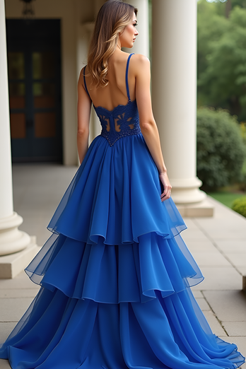 Tiered Royal Blue A Line Long Prom Dress with Ruffles