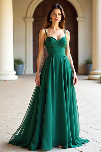 Ruched Green Spaghetti Straps A Line Long Prom Dress