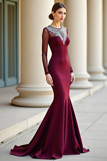 Sparkly Burgundy Scoop Mermaid Long Prom Dress with Beading