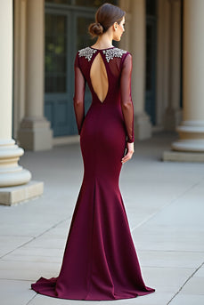 Sparkly Burgundy Scoop Mermaid Long Prom Dress with Beading