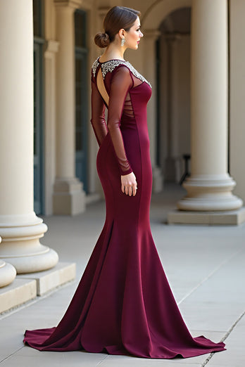 Sparkly Burgundy Scoop Mermaid Long Prom Dress with Beading