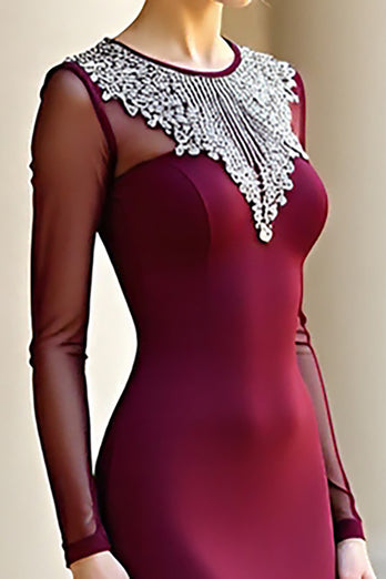 Sparkly Burgundy Scoop Mermaid Long Prom Dress with Beading