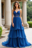 Load image into Gallery viewer, Lace Dark Blue Tiered A Line Long Prom Dress with Ruffles