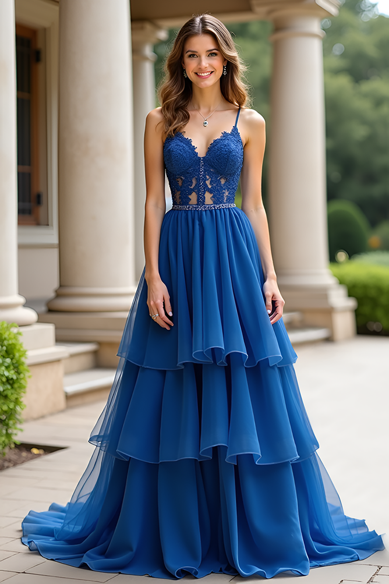 Load image into Gallery viewer, Lace Dark Blue Tiered A Line Long Prom Dress with Ruffles