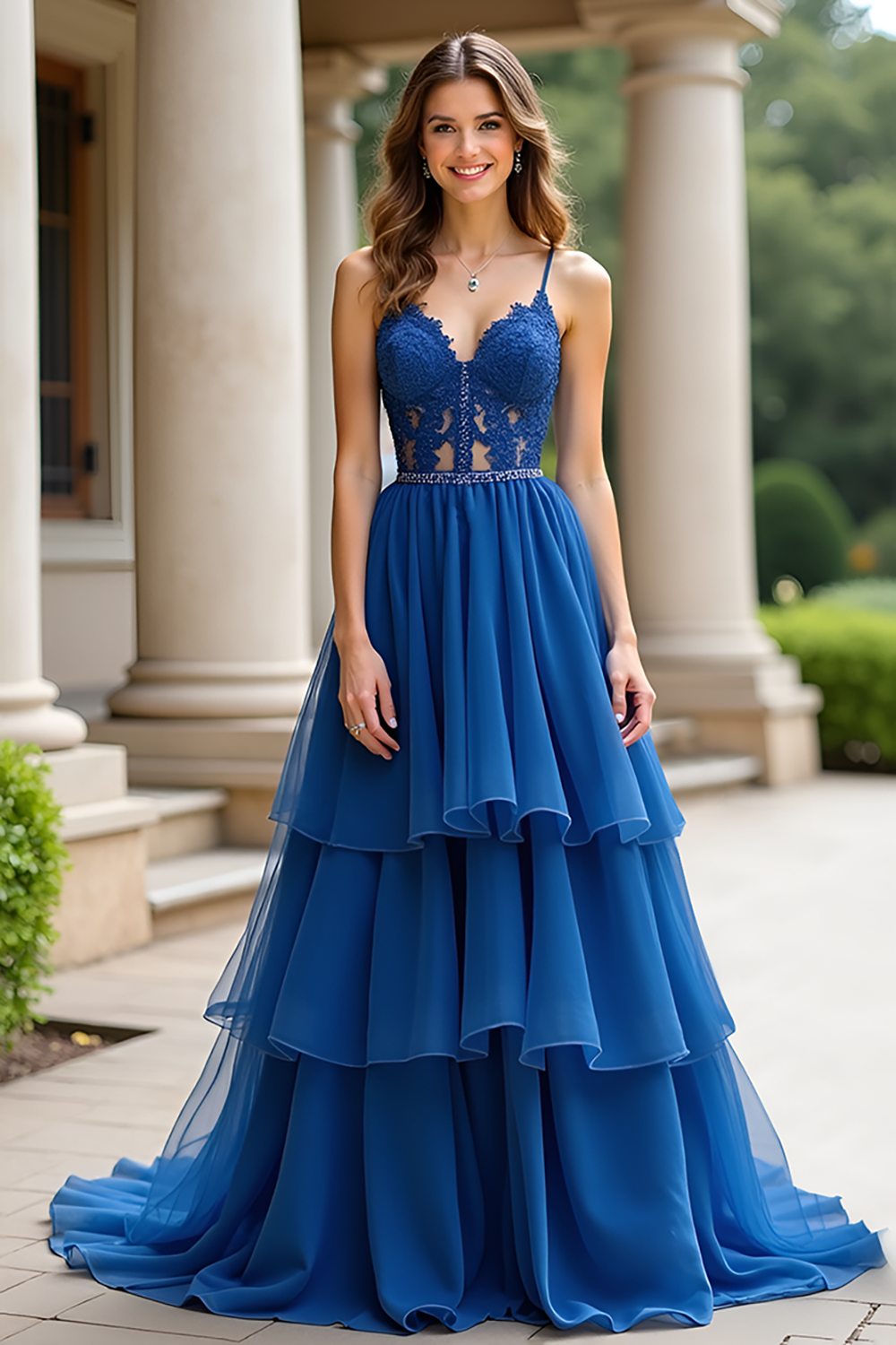 Lace Dark Blue Tiered A Line Long Prom Dress with Ruffles