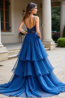 Lace Dark Blue Tiered A Line Long Prom Dress with Ruffles