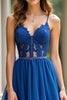 Load image into Gallery viewer, Lace Dark Blue Tiered A Line Long Prom Dress with Ruffles