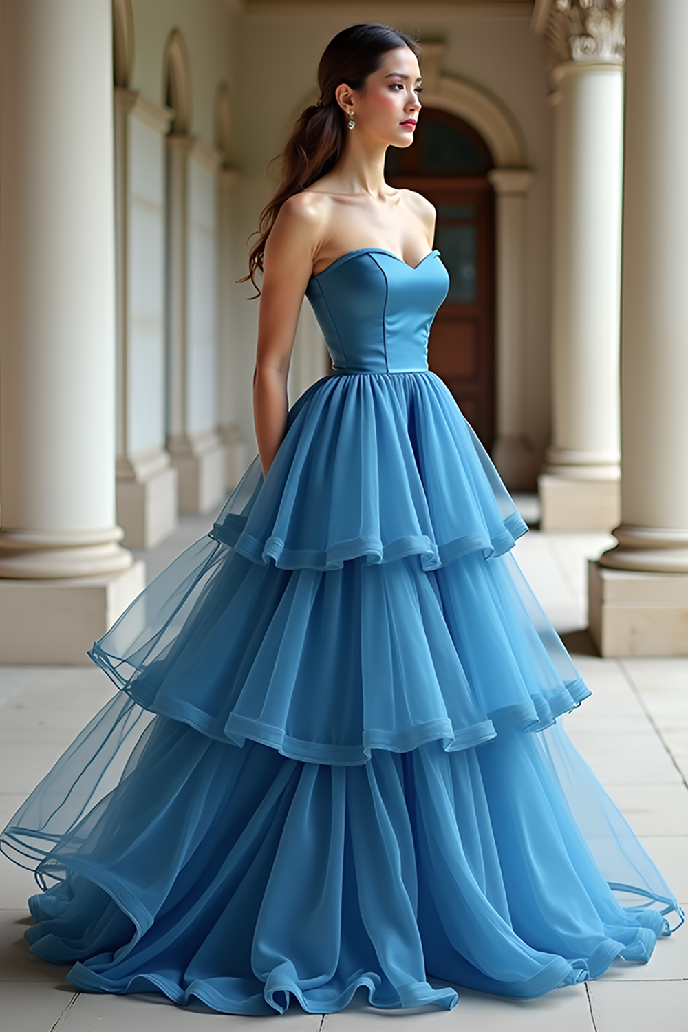 Tiered Blue Sweetheart A Line Long Prom Dress