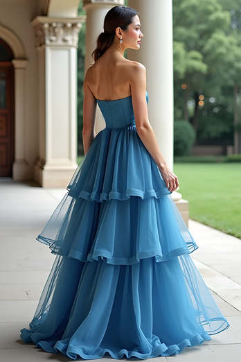 Tiered Blue Sweetheart A Line Long Prom Dress