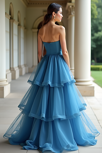 Tiered Blue Sweetheart A Line Long Prom Dress