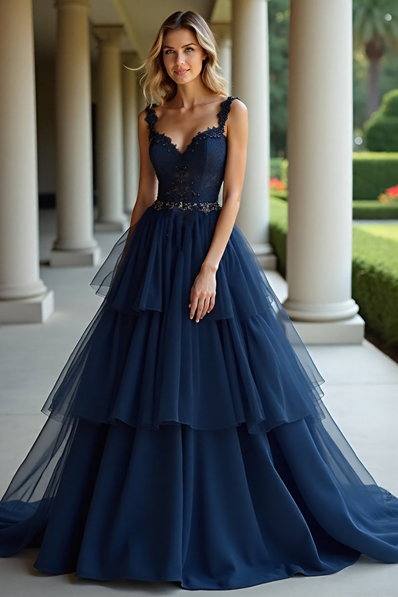 Load image into Gallery viewer, Tiered Navy Lace A Line Long Prom Dress