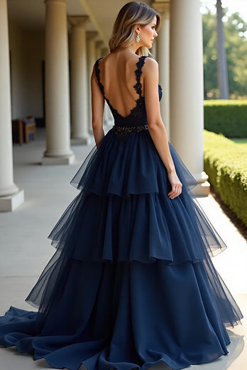 Tiered Navy Lace A Line Long Prom Dress