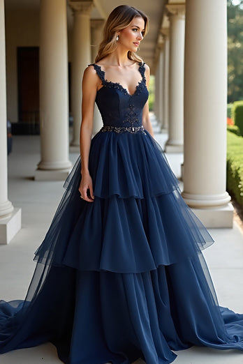 Tiered Navy Lace A Line Long Prom Dress