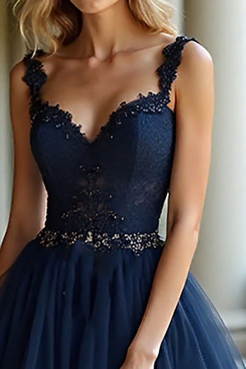 Tiered Navy Lace A Line Long Prom Dress