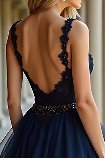 Tiered Navy Lace A Line Long Prom Dress