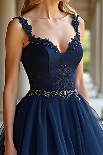 Tiered Navy Lace A Line Long Prom Dress