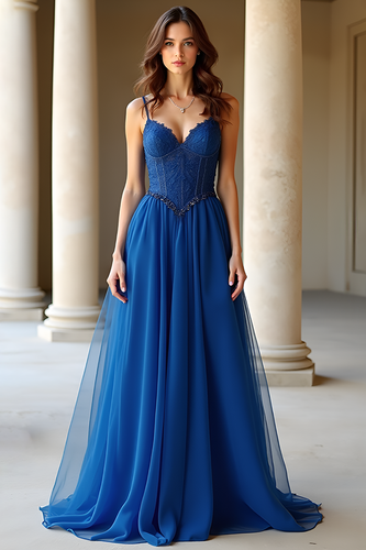 Lace Dark Blue Corset A Line Long Prom Dress