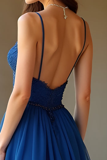 Lace Dark Blue Corset A Line Long Prom Dress