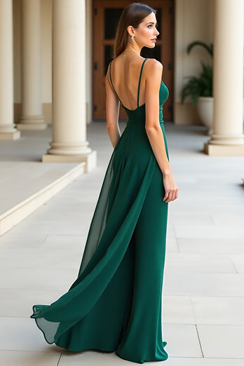 Dark Green Ruched Spaghetti Straps Long Prom Dress with Slit