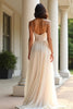 Load image into Gallery viewer, Champagne Spaghetti Straps A Line Long Prom Dress with Slit