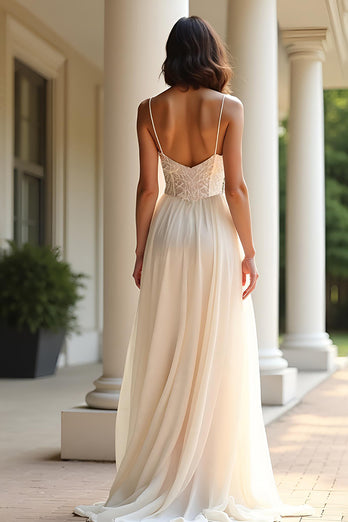 Champagne Spaghetti Straps A Line Long Prom Dress with Slit