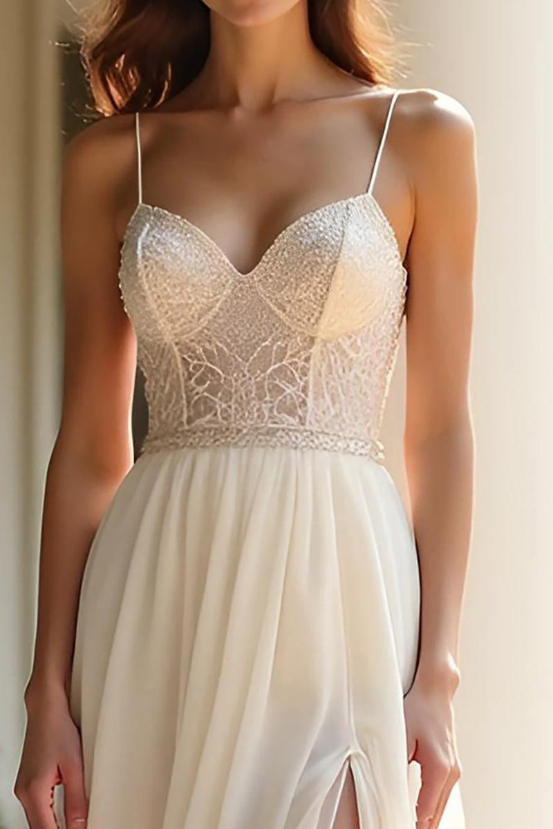 Load image into Gallery viewer, Champagne Spaghetti Straps A Line Long Prom Dress with Slit