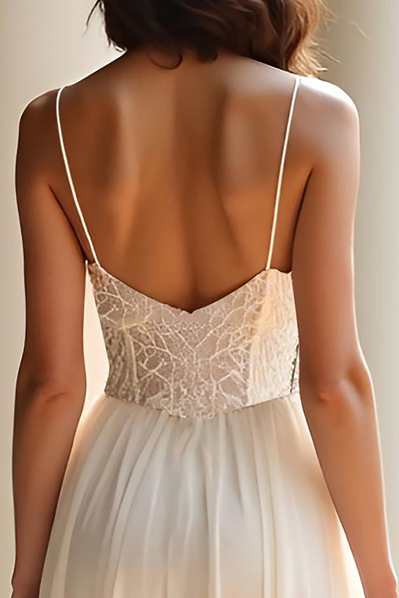 Load image into Gallery viewer, Champagne Spaghetti Straps A Line Long Prom Dress with Slit