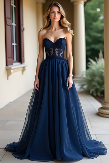 Navy A Line Strapless Long Prom Dress