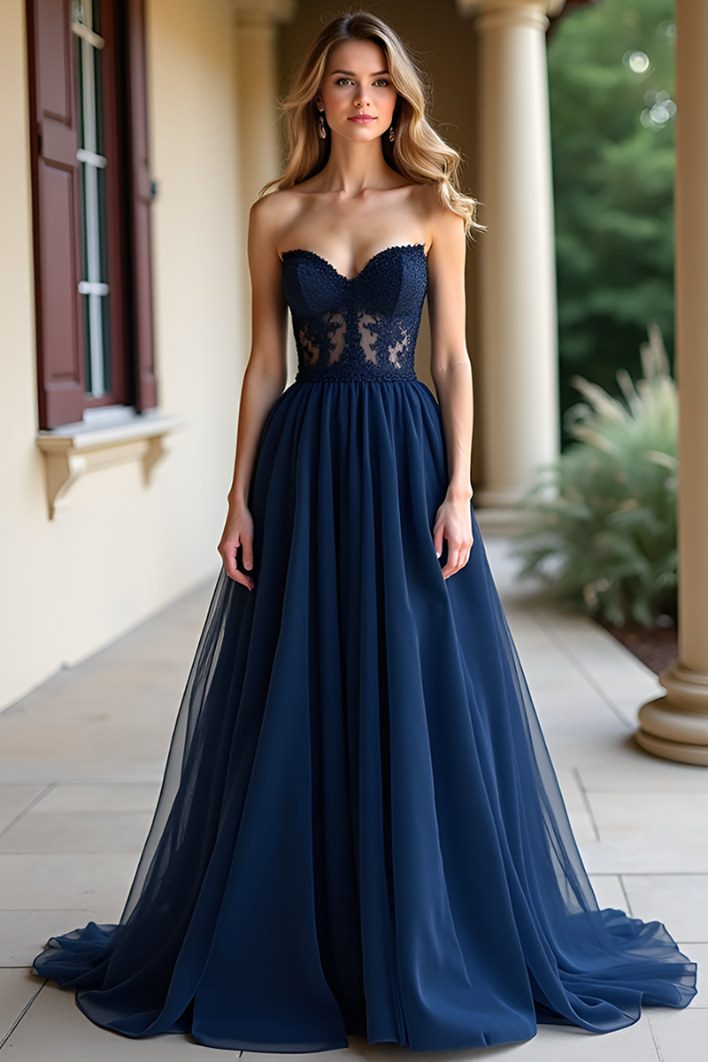 Load image into Gallery viewer, Navy A Line Strapless Long Prom Dress