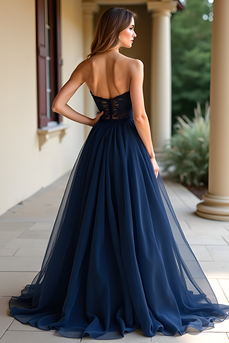 Navy A Line Strapless Long Prom Dress