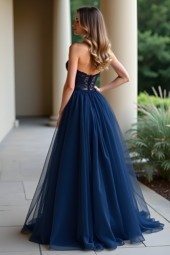 Navy A Line Strapless Long Prom Dress