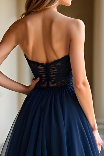 Navy A Line Strapless Long Prom Dress