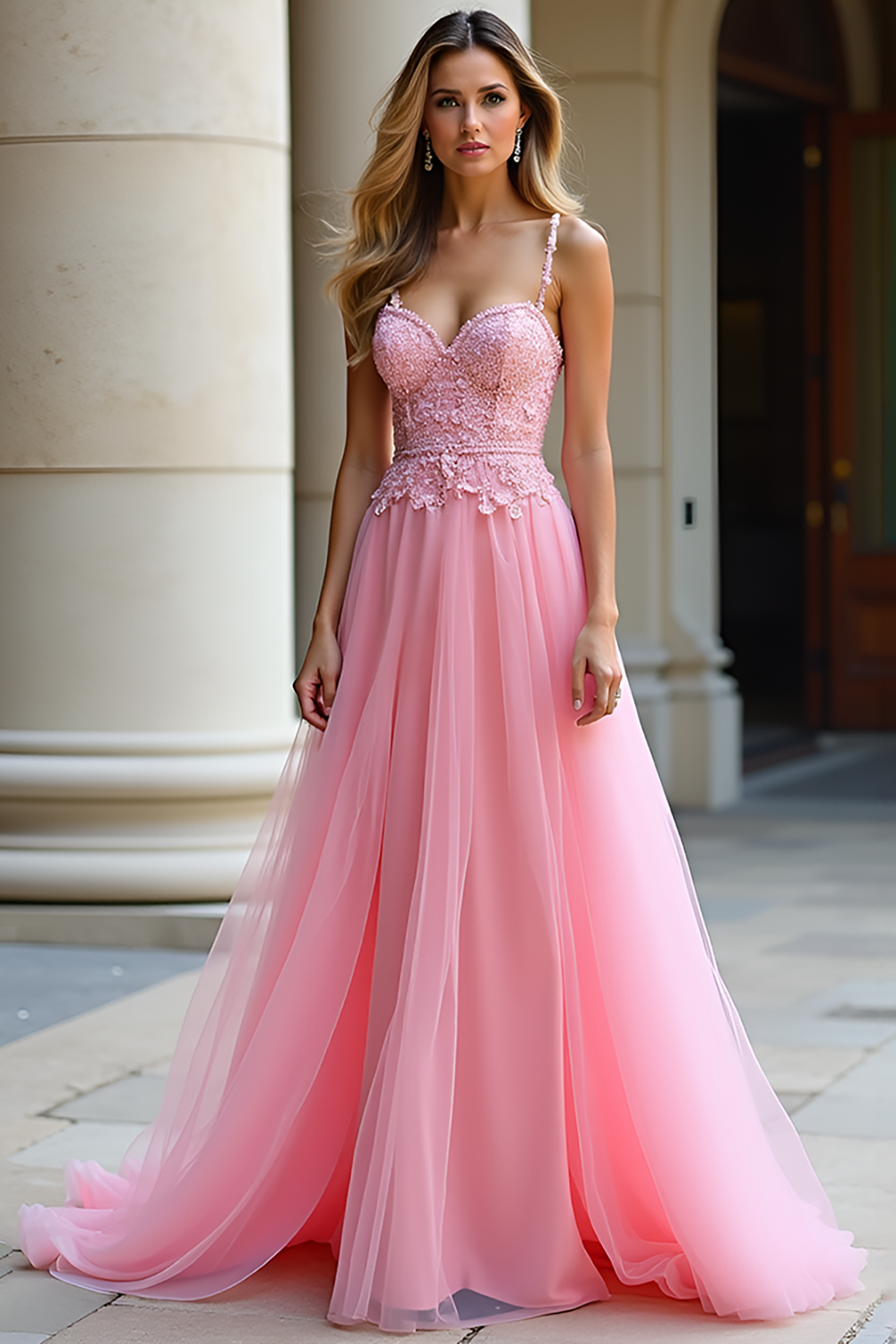 Pink A Line Spaghetti Straps Long Tulle Prom Dress with Lace