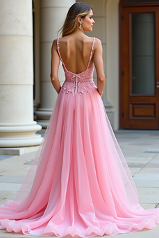 Pink A Line Spaghetti Straps Long Tulle Prom Dress with Lace