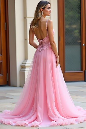 Pink A Line Spaghetti Straps Long Tulle Prom Dress with Lace