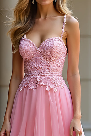 Pink A Line Spaghetti Straps Long Tulle Prom Dress with Lace