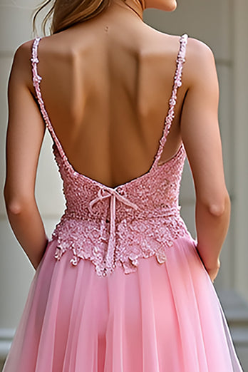 Pink A Line Spaghetti Straps Long Tulle Prom Dress with Lace